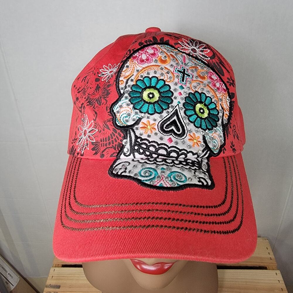 Día de los Muertos Bling Sugar Skull Adjustable Red Ball Cap